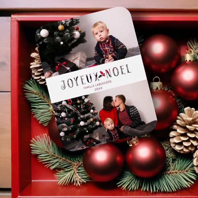 Íman Feliz Natal Efeito de Papel Recortado Francês Foto (Joyeux Noël French Cut Paper Effect Christmas Custom Photo Script Holidays Card. )