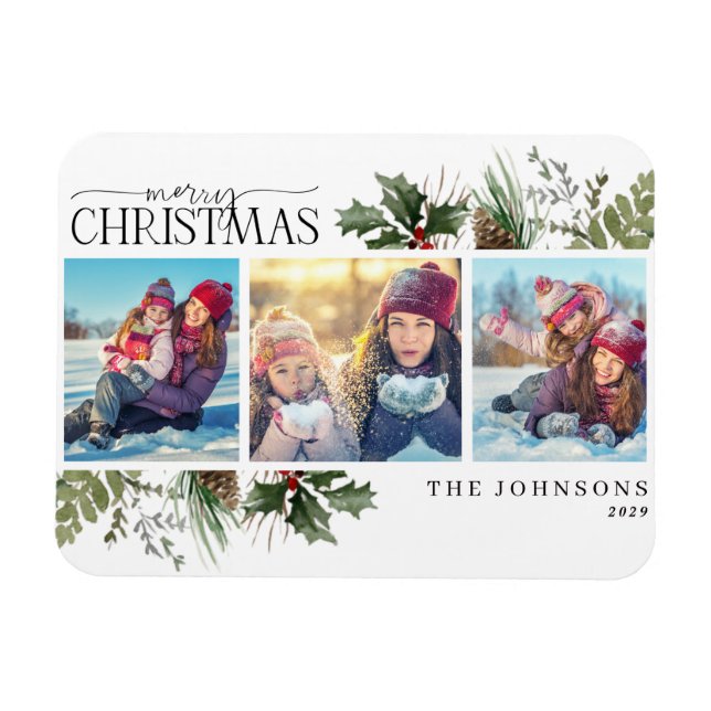 Íman Feliz Natal Floresta Berry Pinecone Fotografia Mag (Horizontal)