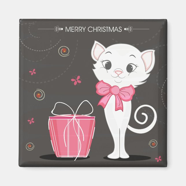 Íman Feliz Natal Gatinho branco Bonito a rosa (Frente)