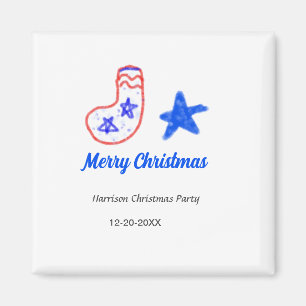 Íman Feliz Natal meia vermelha estrela azul nome data