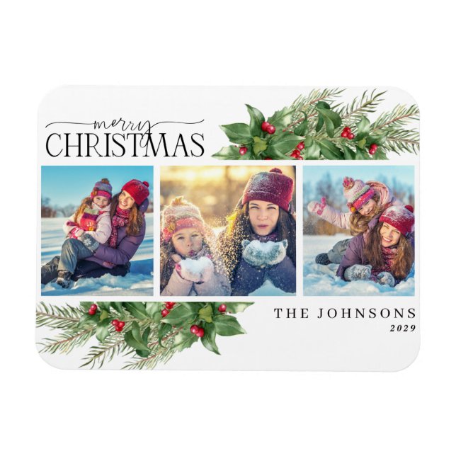 Íman Feliz Natal Moderno Holly Berry Fotografia Magnet (Horizontal)