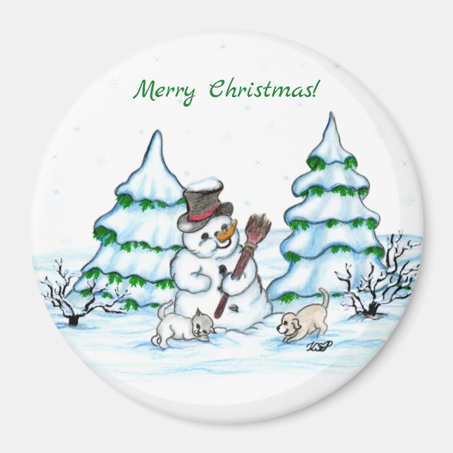 Íman Feliz Natal! Neve com Cat e Puppy (Frente)