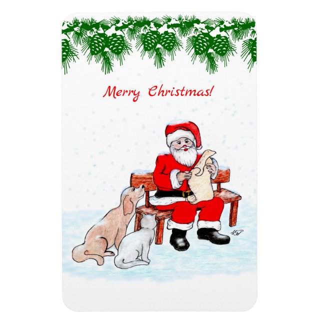 Íman Feliz Natal - Papai Noel com Gato e Cachorro (Vertical)