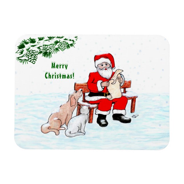 Íman Feliz Natal! Papai Noel com Gato e Cão (Horizontal)