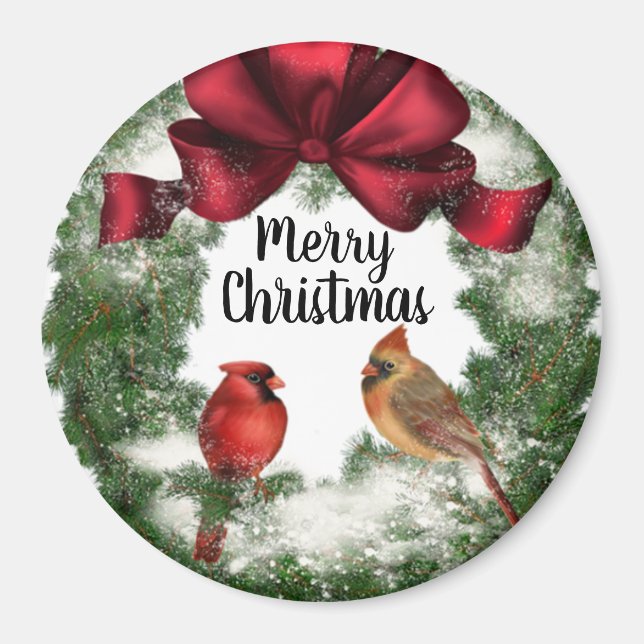Íman Feliz Natal Pássaros em Wreath Vintage Magnet (Frente)
