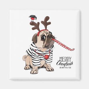 Íman Feliz Natal Pug Reindeer