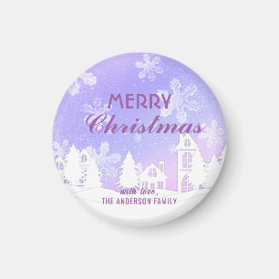 Íman Feliz Natal Purple White House Flocos de Neve