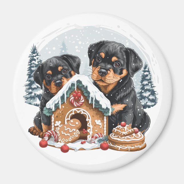Íman Feliz Natal Rottweiler Cães Gingerbis House (Frente)