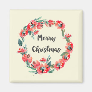 Íman Feliz Natal Vermelho, Floral, Watercolor Wreath