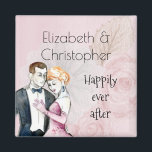 Íman Feliz Nunca Depois Do Casal Do Casamento vintage<br><div class="desc">Um ímã bonitinho com estilo de vintage retrô, personalizado com seus nomes e texto que diz feliz para sempre. Uma ilustração elegante definida sobre um fundo cor-de-rosa com rosas rosa esmaecidas. Uma ilustração do casal de casamento rico num abraço amoroso pintado com aquarelas. Chic e clássico com um talento antiquado....</div>
