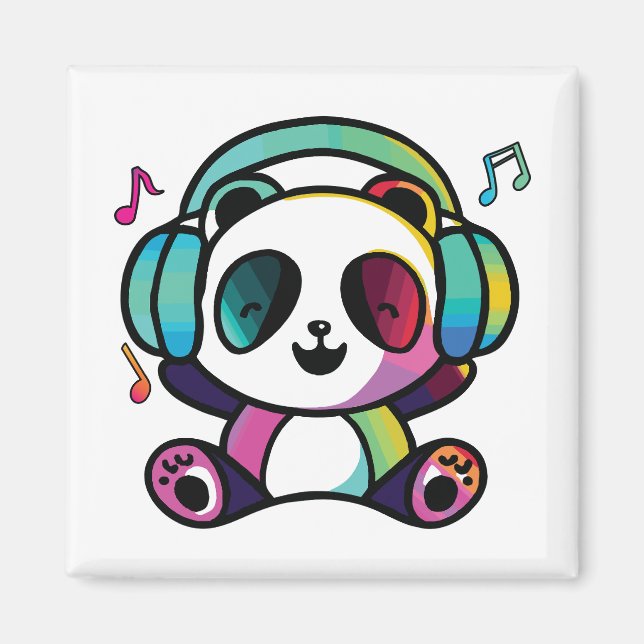 Íman Feliz Panda com fones de ouvido ouvindo música. (Frente)