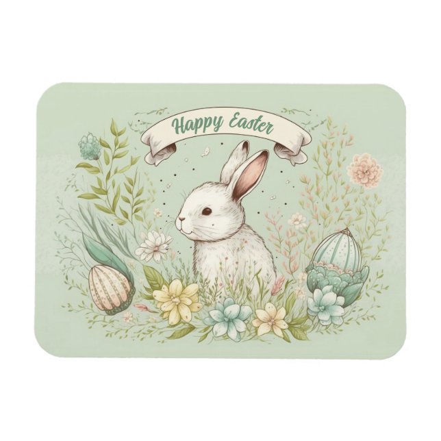 Íman Feliz Páscoa Coelho Branco com Flores de Primavera (Horizontal)