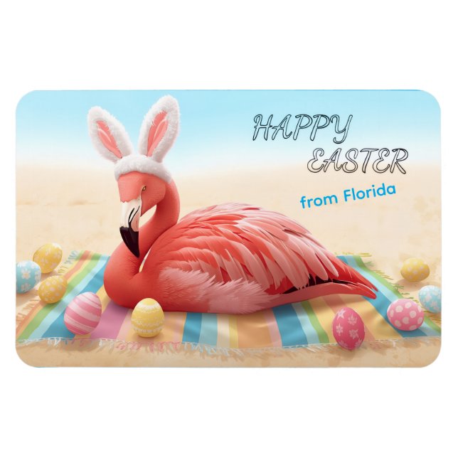Íman Feliz Páscoa do Flamingo Bunny da Flórida na Praia (Horizontal)
