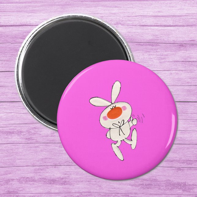 Íman Feliz Rabbit Branco Canto Dançante (Cute cartoon white rabbit big nose thumbs up sign on hot pink round magnet.)