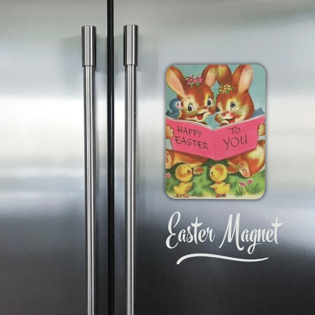 Íman Felzs pascoa e Pintinhos retrorreflectores da Vint (Vintage Retro Happy Easter Bunnies and Chicks Magnet)