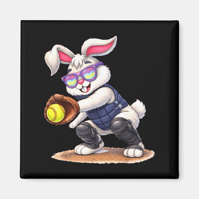 Íman Férias felizes de Páscoa coelho jogando softball (Frente)