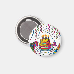 Íman Festa de Aniversário Colorida com Bolo de Celebraç