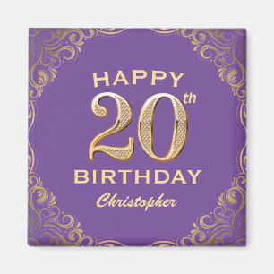 Íman Festa de aniversário Roxo e quadro Glitter Dourado