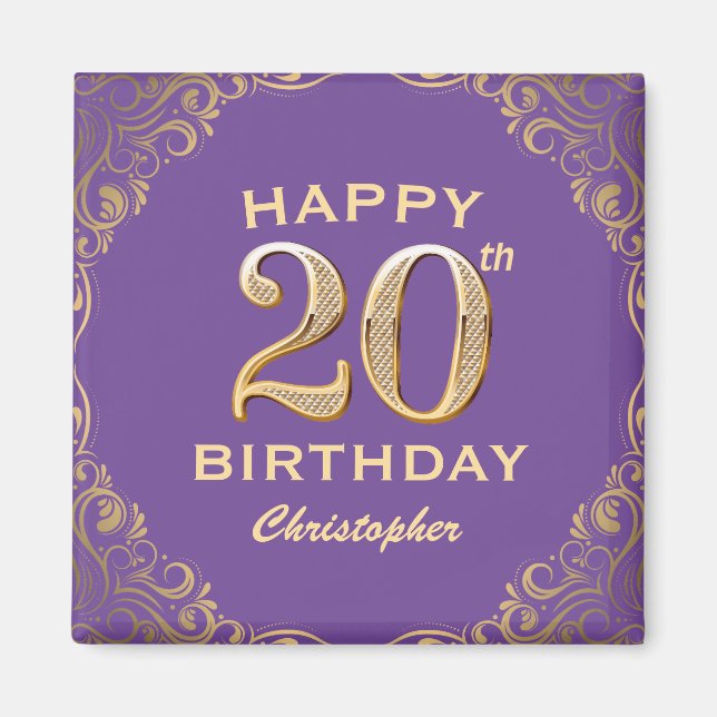Íman Festa de aniversário Roxo e quadro Glitter Dourado (Frente)