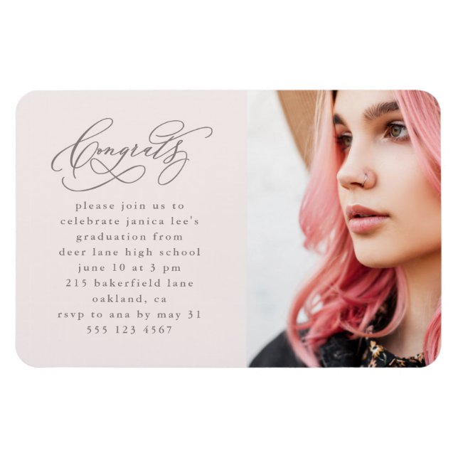 Íman Festa de formatura Rosa Fotográfica de Script Chic (Horizontal)
