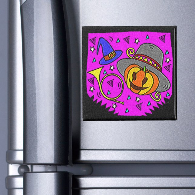 Íman Festa de Halloween Jack O'Lanterna e Roxo de Buva (Halloween Party Jack O'Lantern and Bugle Purple Magnet)