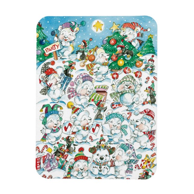 Íman Festa de Natal de Urso Polar e Pinguim de Desenho  (Vertical)