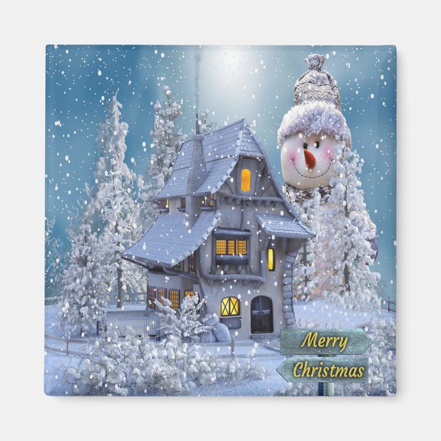 Íman Festa de Natal Inverno Branco Boneco de Neve Azul  (Frente)