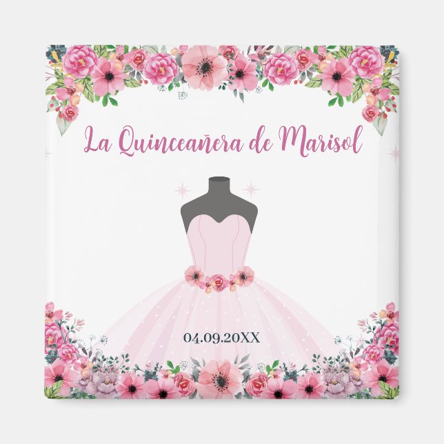 Íman Festa de Vestido de Quinceanera Floral Rosa (Frente)