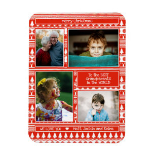 Íman Festive Red Christmas Pattern Grandparents Photo
