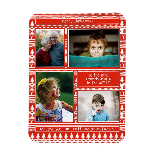 Íman Festivo Red Christmas Patterno Avós Foto (Vertical)