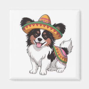 Íman Fiesta Papillon Dog Vestindo Sombrero e Sarape