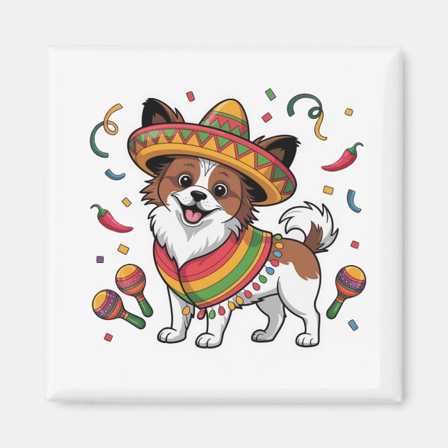 Íman Fiesta Papillon Dog Vestindo Sombrero e Sarape (Frente)