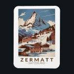 Íman Figura de Viagem de arte da ilustração da Suiça de<br><div class="desc">Zermatt retro vetor viagem design. Zermatt,  no cantão de Valais,  na Suiça meridional,  é um porto de montanha conhecido por esquiar,  escalar e caminhar.</div>