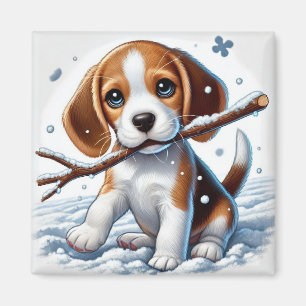 Íman Filhote Brincando na Neve com um Graveto no Invern
