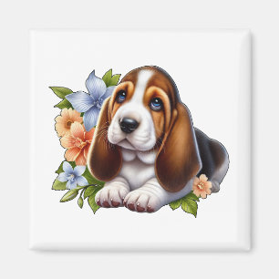 Íman Filhote de Basset Hound Fofo Sentado com Flores