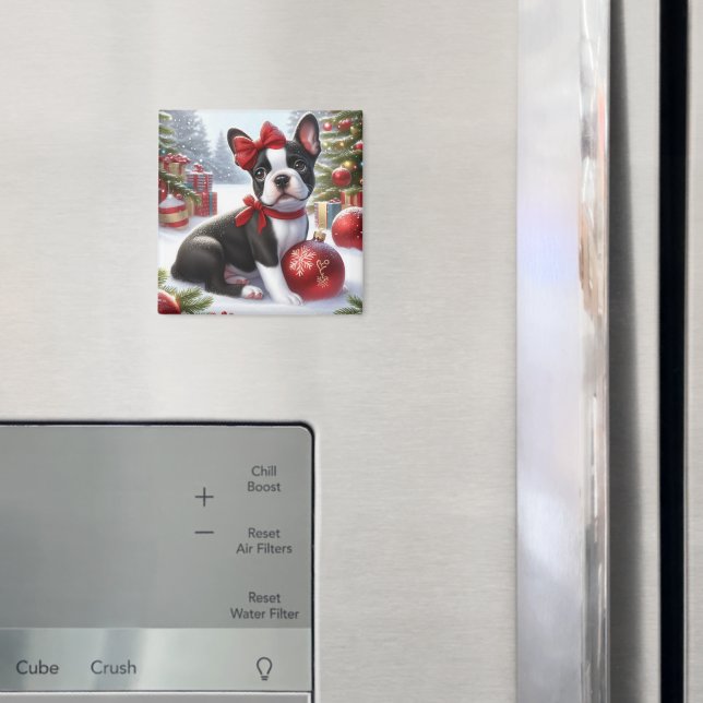 Íman Filhote de Boston Terrier com enfeites de Natal  (In Situ (Fridge))