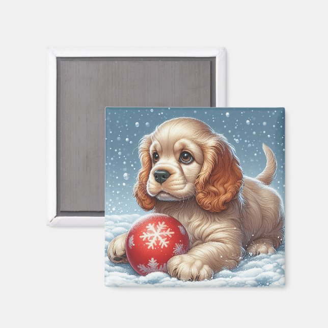 Íman Filhote de Cocker Spaniel Descansando na Neve Com  (Front/Back)