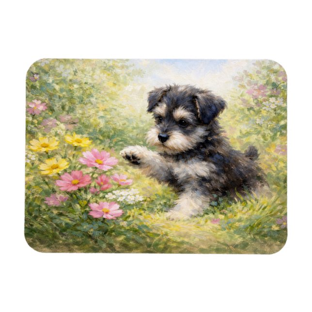 Íman Filhote de Schnauzer Flores da Primavera Flexível (Horizontal)