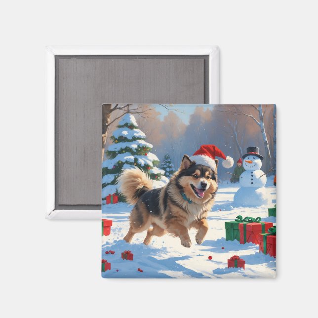 Íman Finnish Lapphund Correndo na Neve com Chapéu de Na (Front/Back)