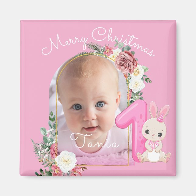 Íman First Christmas Pink Baby Girl Photo floral (Frente)