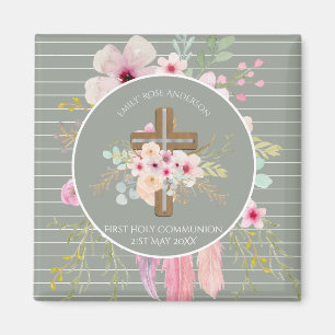 Íman First Holy Communion Floral Cross Girls Sage Pink