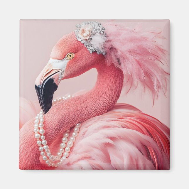 Íman Flamingo Rosa Elegante com Pérolas e Penas (Frente)