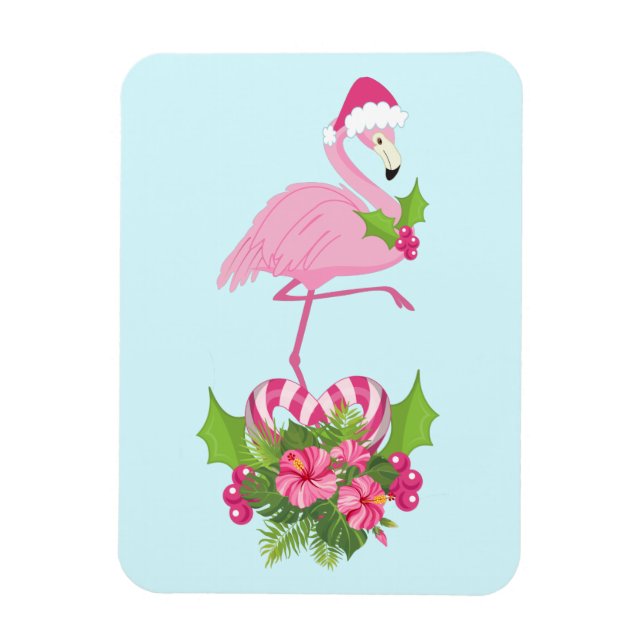 Íman Flamingo rosa em Santa Hat com Buquê de Cané Adorm (Vertical)