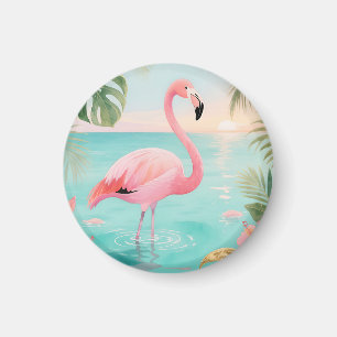 Íman Flamingo Tropical Pôr do Sol Aquarela