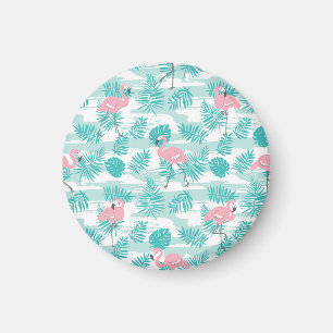 Íman flamingos cor-de-rosa, palmeiras verdes, tropicais