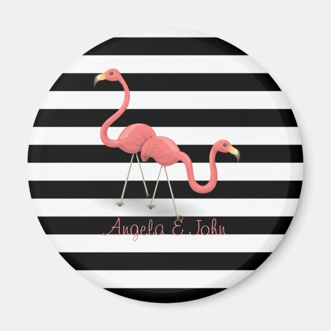 Íman Flamingos Fofos Personalizados, Listras Pretas e B (Frente)