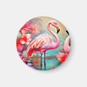 Íman Flamingos rosa em um lago com flores-20231