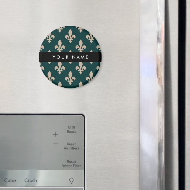 Íman Fleur de Lis, Bege sobre Verde, Real, Seu Nome (In Situ (Fridge))