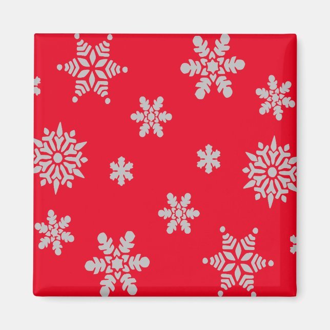 Íman Floco de neve branco com fundo vermelho Natal (Frente)