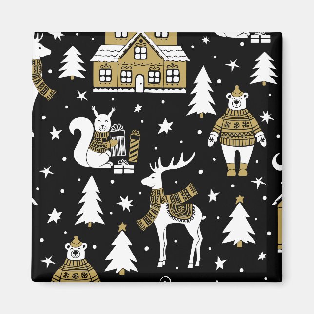 Íman Flocos de neve de Natal preto e branco (Frente)